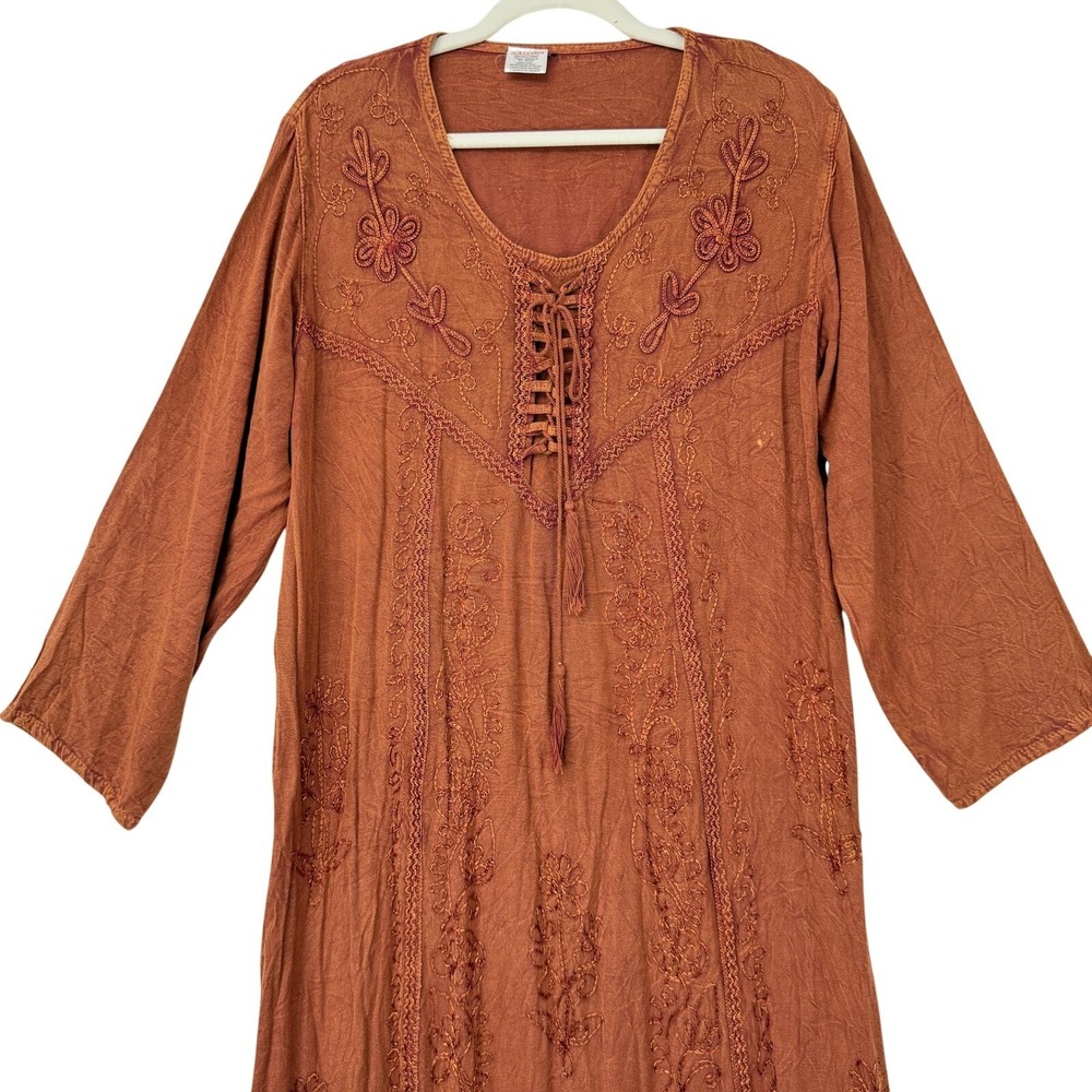 Boho Embroidered Lace Up Maxi Dress Rust Brown 3/4 Sleeve One Size - Picture 3 of 11